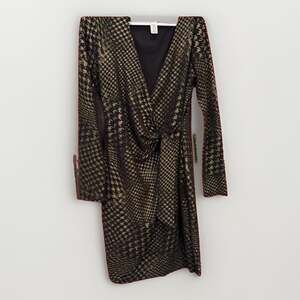 Cache Metallic Black & Gold Whimsigoth Dark Angel Faux Wrap Bodycon Dress L